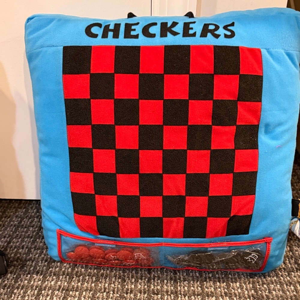 Blue and Red Checkers/ Tic Tac Toe Game Pillow. New, tags on